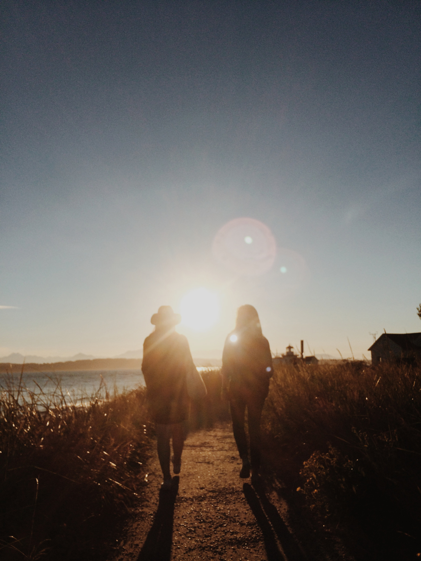 Silhouette of Two People Walking Near Body of Water during Golden Hour